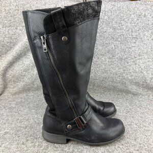 ✅Womens 9.5 Earth Orgins Black Leather Knee-High Boots Zipper Buckle Accent Heel